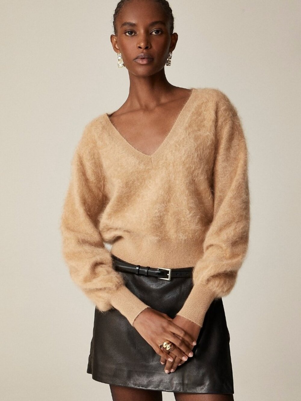 NWT J.Crew Brushed Cashmere Cropped V-neck Sweater in Dark Beige Fuzzy XS